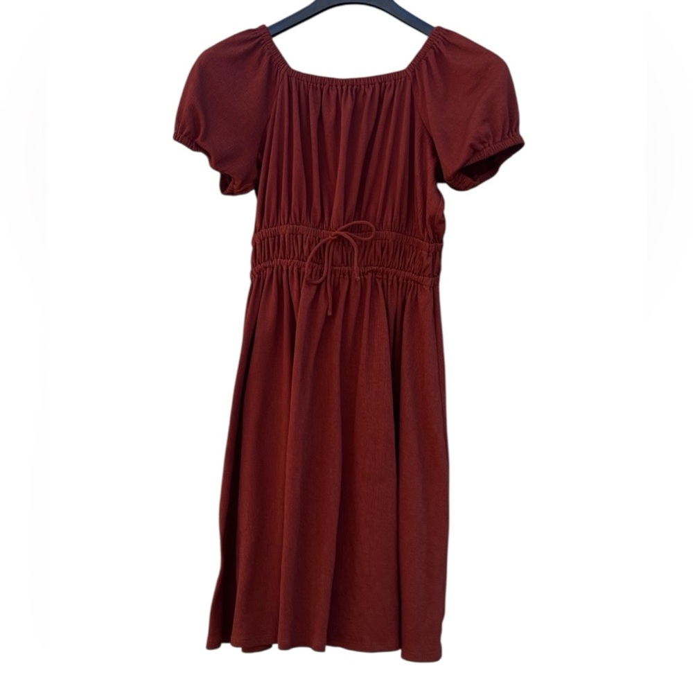DownEast Rust Colored Dress Stretchy Elastic Waist Puff Sleeves Size XS